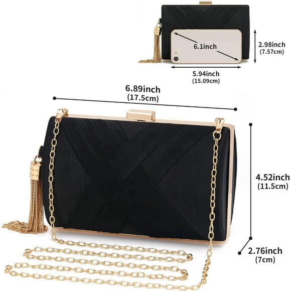 🆕Women Black Silk Clutch Bag Evening Handbag, Fringed Wedding Party Crossbody - Picture 3 of 5
